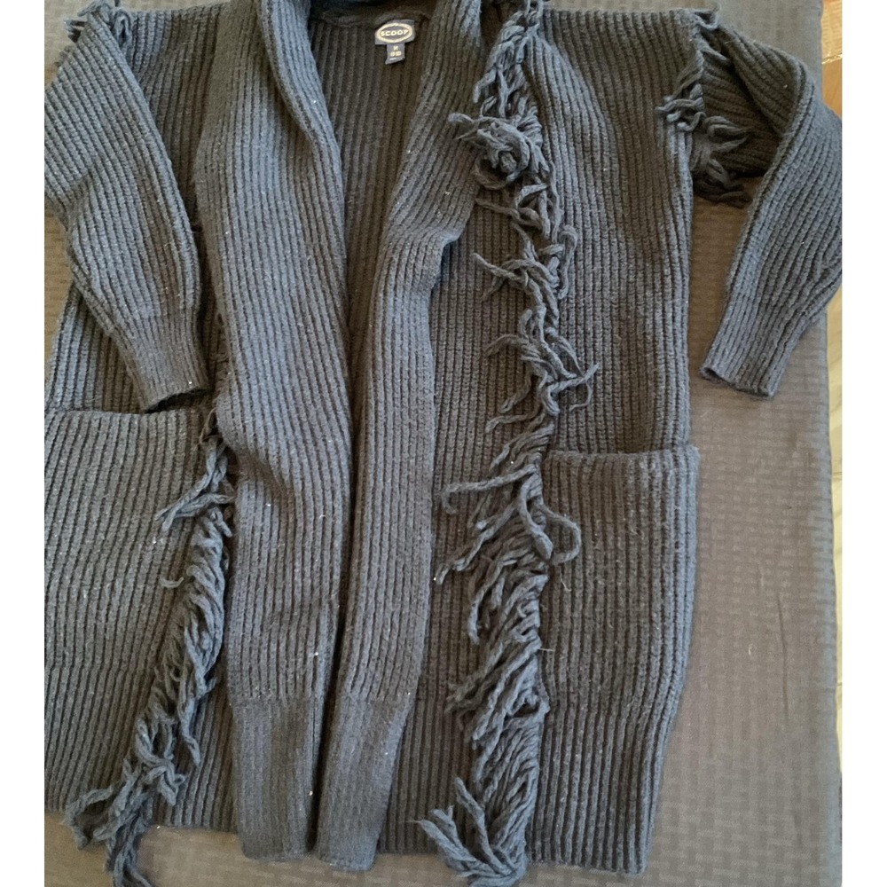 Scoop Cardigan Womens Medium Black Fringe Open Front Ribbed Knit Sweater Pockets - Picture 6 of 11